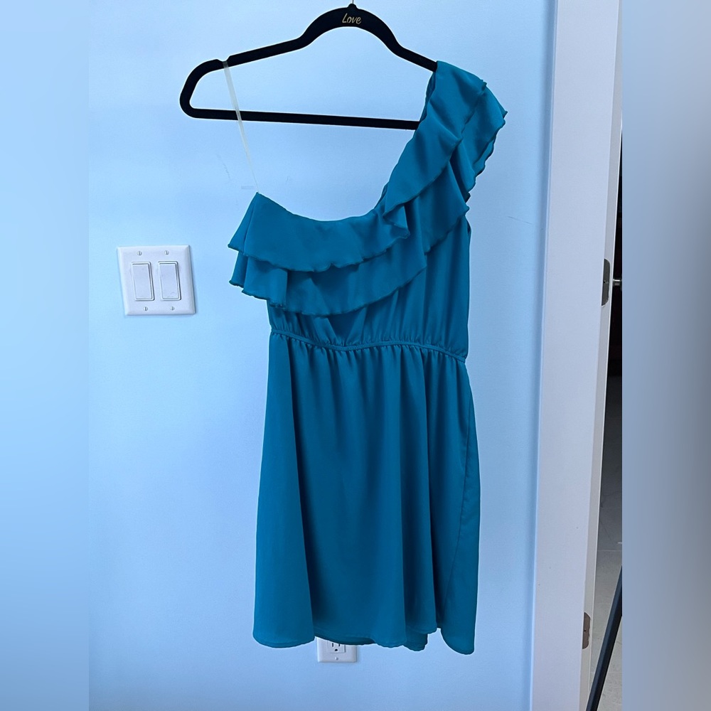 Teal one shoulder ruffle dress